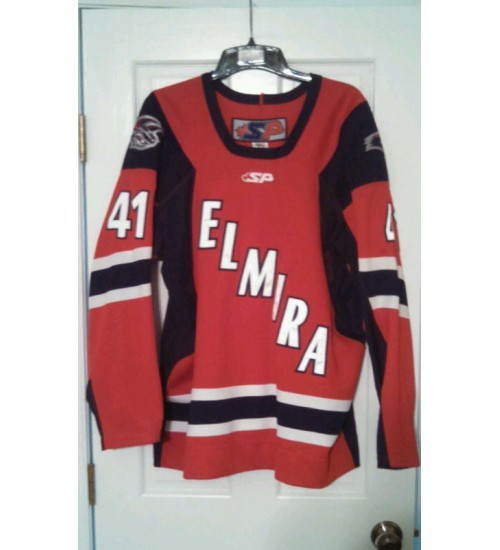 Custom ECHL 2008 09 Elmira Jackals 41 Wes Cunningham Hockey Jersey Alt Red